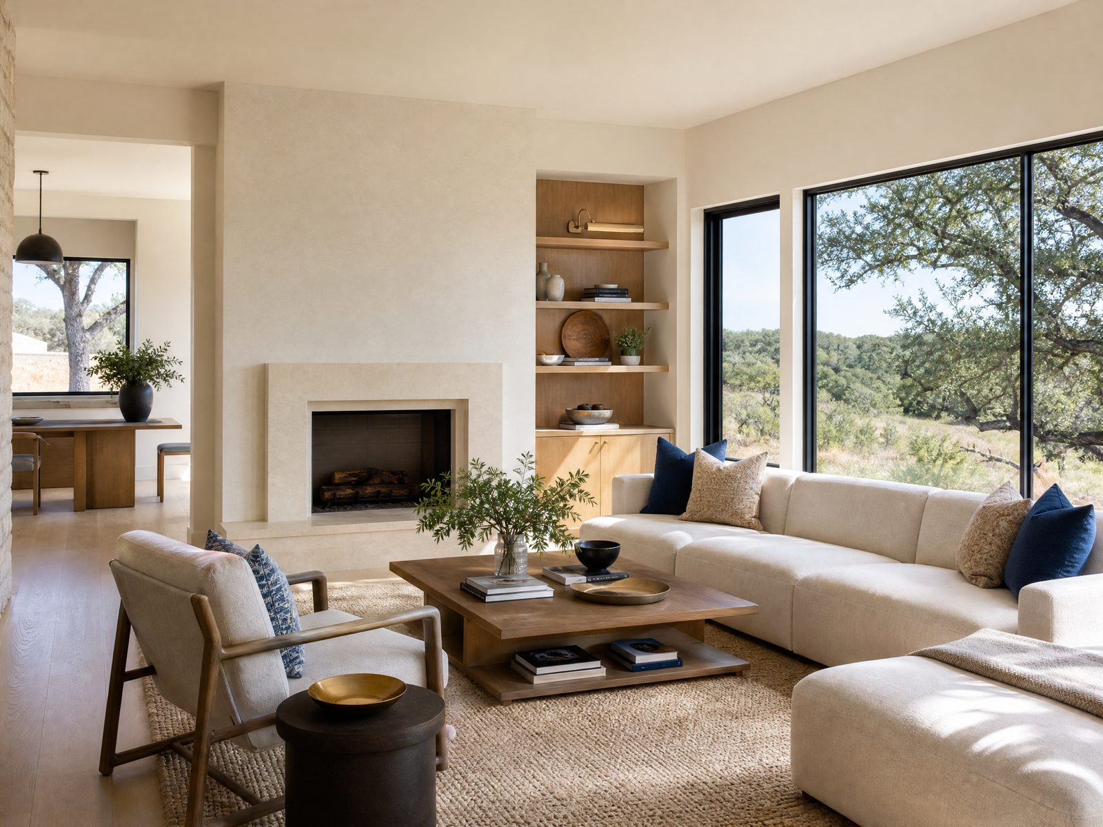 Bright, modern Austin-area living room with a fireplace and hill country views